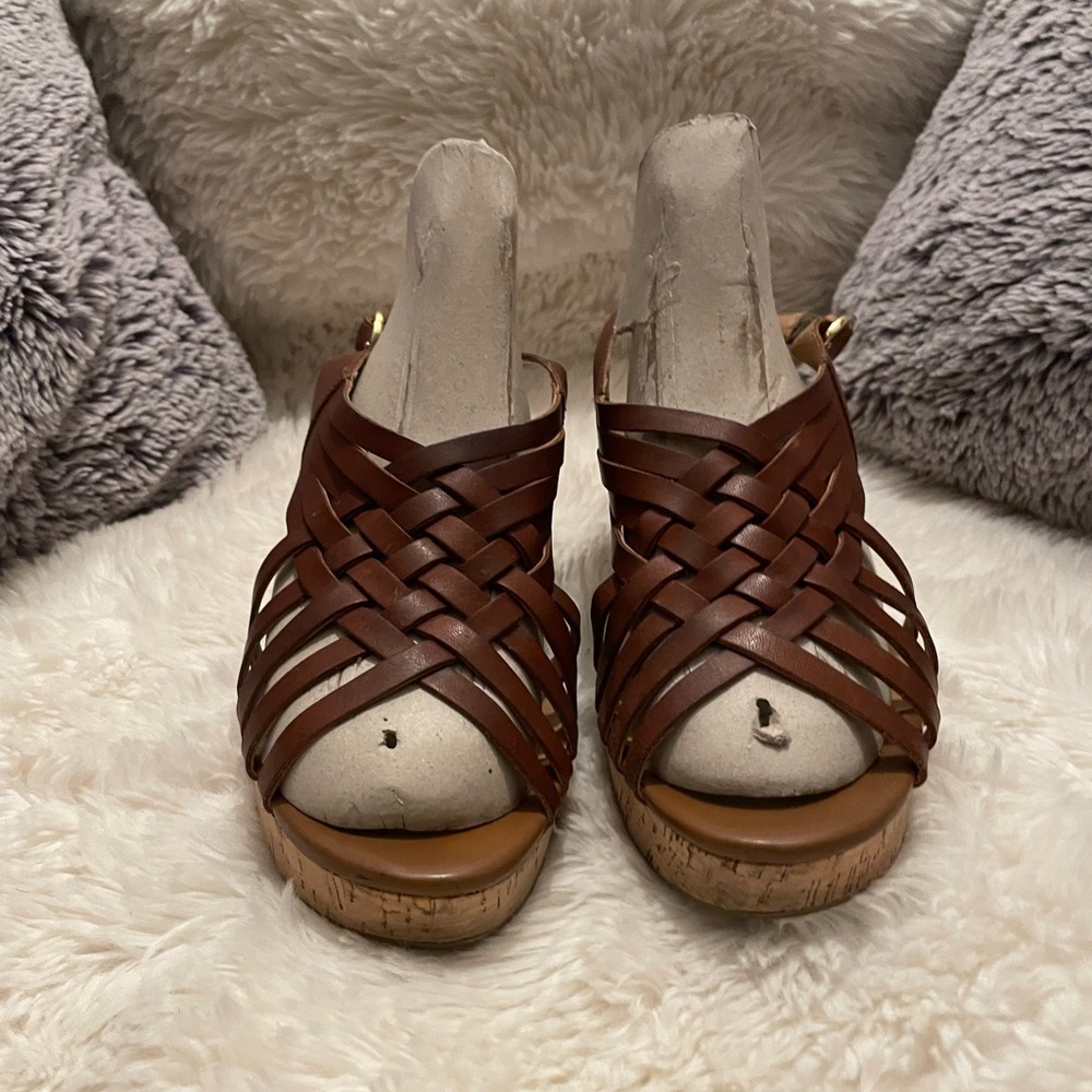 Franco Sarto Brown Wedge Sandals with Woven Design